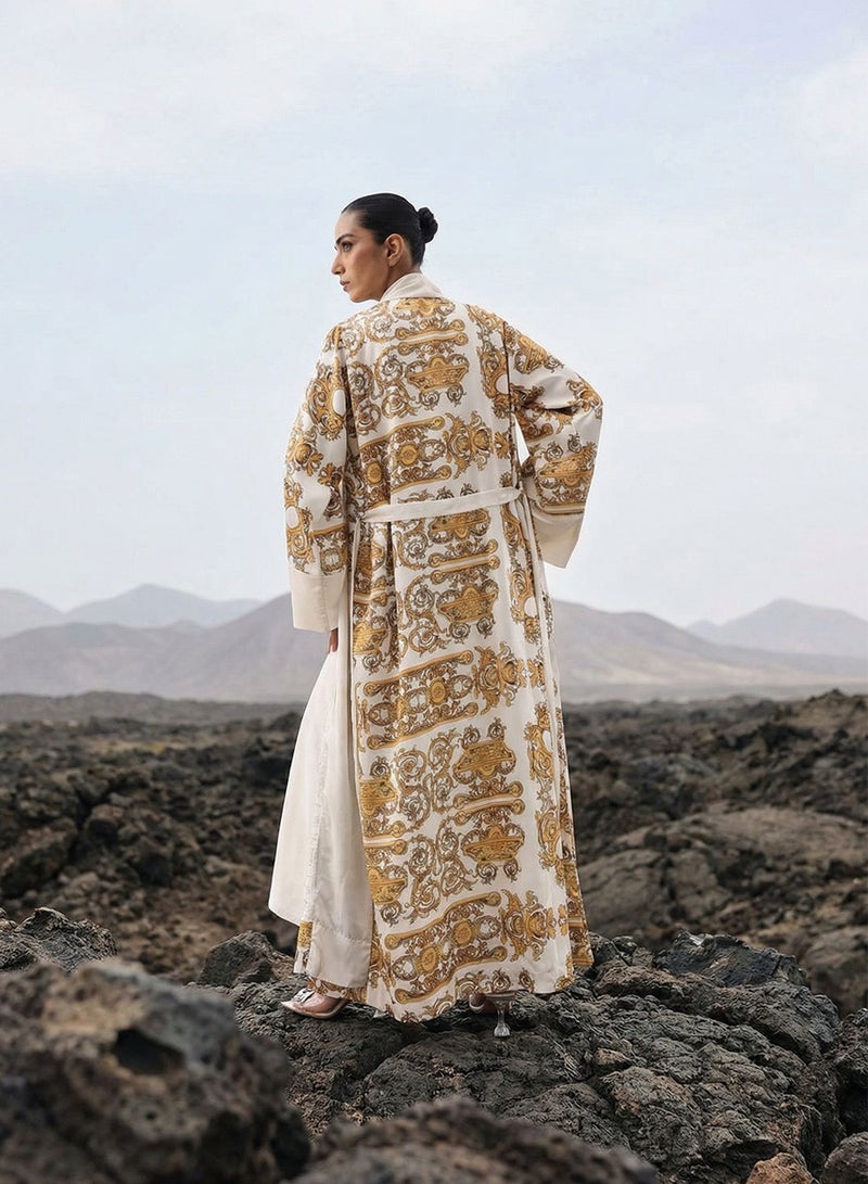 ISHIN Off White  Baroque print layered Abaya with Hijab - Image 2